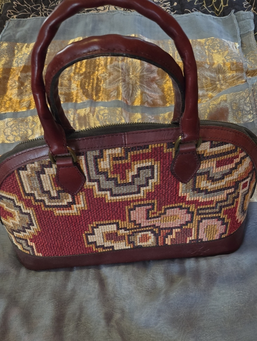 Patricia Nash Burgundy Tapestry Shoulder Satchel with Brown Leather